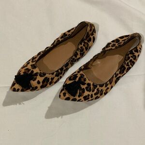 J. Crew Leopard Calf Hair Stretch Flats with Tassels